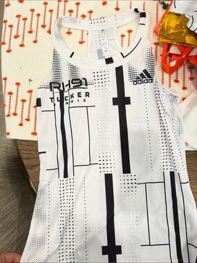 adidas White Tank Top with Black Graphic Tennis Print for Kids